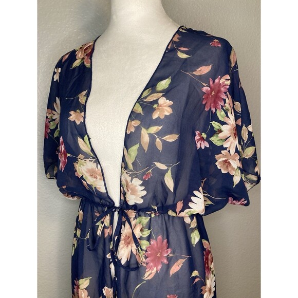Duster Cardigan S Long Open Front Short Sleeve Floral Sheer Boho Coverup Ties - Picture 7 of 8